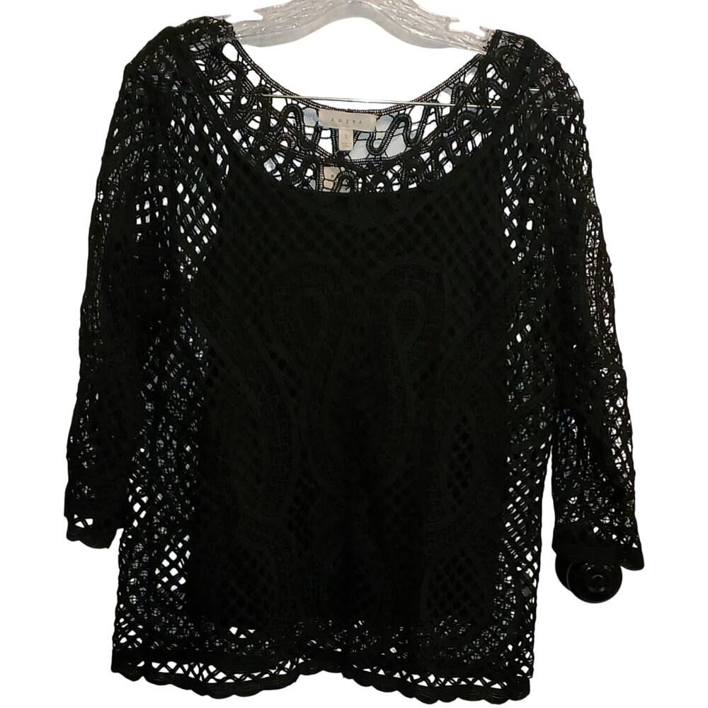 Adiva Women's Black Crochet Overlay Built in Tank Top Shirt Size Large New